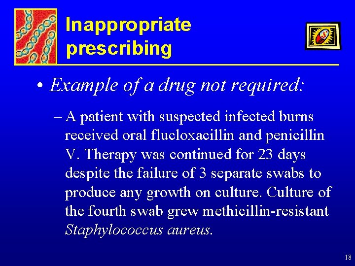 Inappropriate prescribing • Example of a drug not required: – A patient with suspected