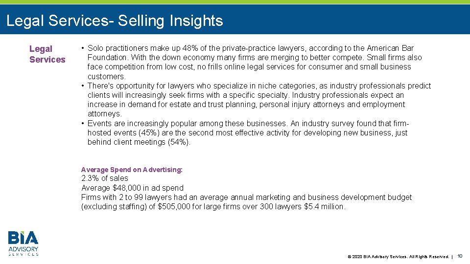 Legal Services- Selling Insights Legal Services • Solo practitioners make up 48% of the