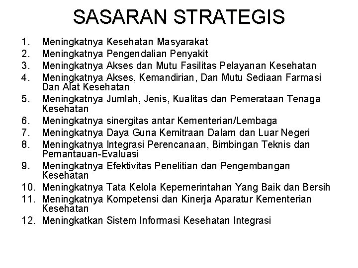 SASARAN STRATEGIS 1. 2. 3. 4. Meningkatnya Kesehatan Masyarakat Meningkatnya Pengendalian Penyakit Meningkatnya Akses