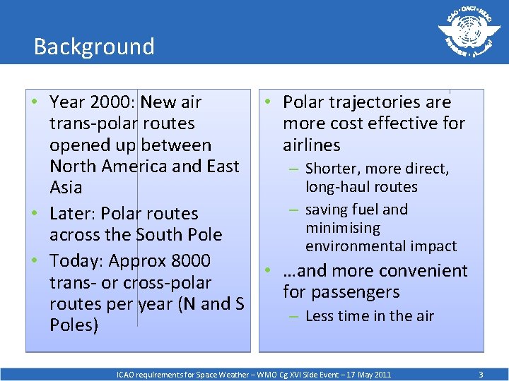 Background • Year 2000: New air • Polar trajectories are trans-polar routes more cost
