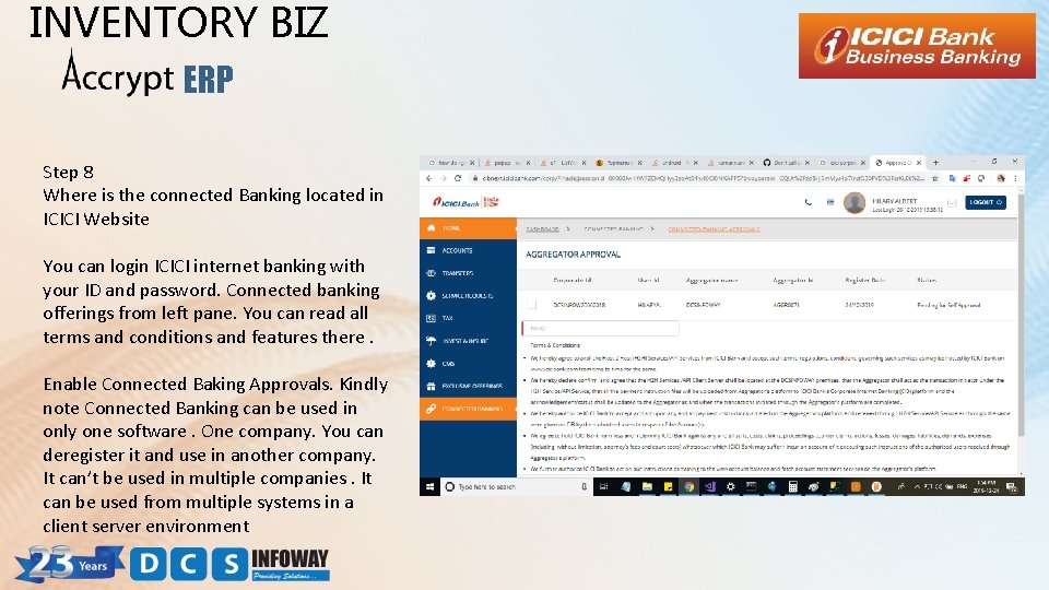 INVENTORY BIZ ERP Step 8 Where is the connected Banking located in ICICI Website