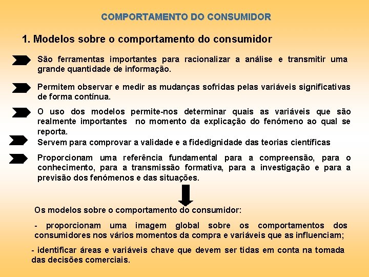 COMPORTAMENTO DO CONSUMIDOR 1. Modelos sobre o comportamento do consumidor São ferramentas importantes para