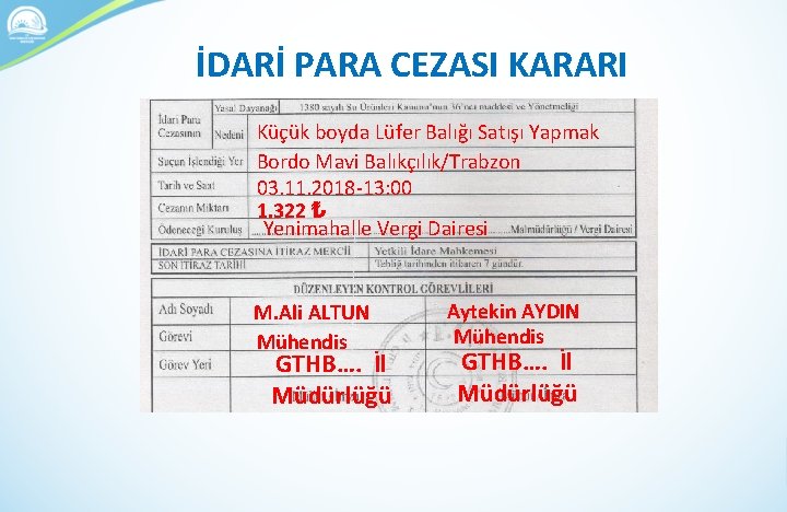 İDARİ PARA CEZASI KARARI Küçük boyda Lüfer Balığı Satışı Yapmak Bordo Mavi Balıkçılık/Trabzon 03.