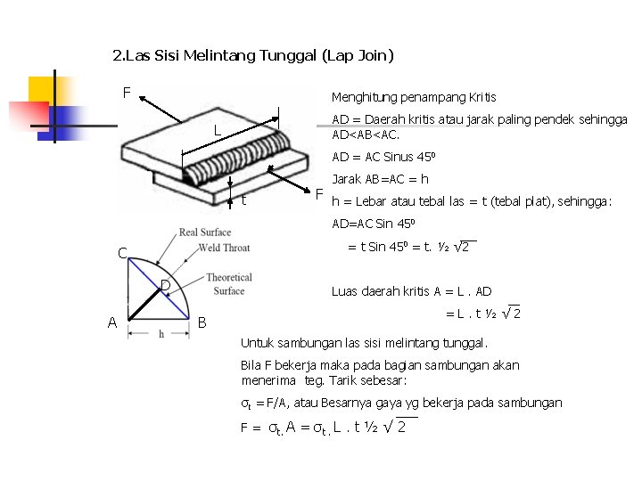 2. Las Sisi Melintang Tunggal (Lap Join) F Menghitung penampang Kritis AD = Daerah