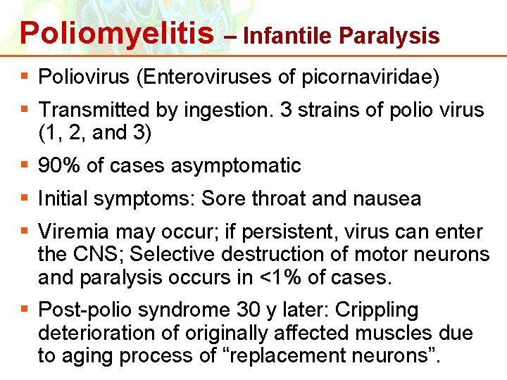 Poliomyelitis – Infantile Paralysis § Poliovirus (Enteroviruses of picornaviridae) § Transmitted by ingestion. 3