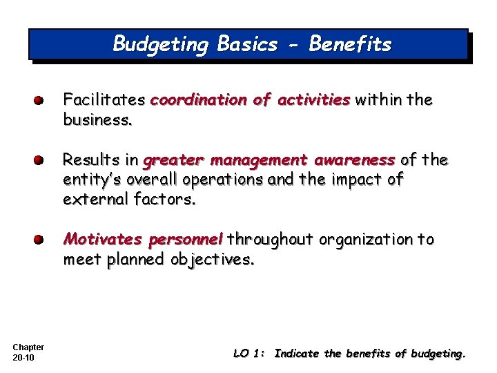 Budgeting Basics - Benefits Facilitates coordination of activities within the business. Results in greater