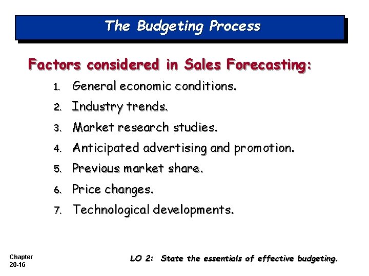 The Budgeting Process Factors considered in Sales Forecasting: Chapter 20 -16 1. General economic