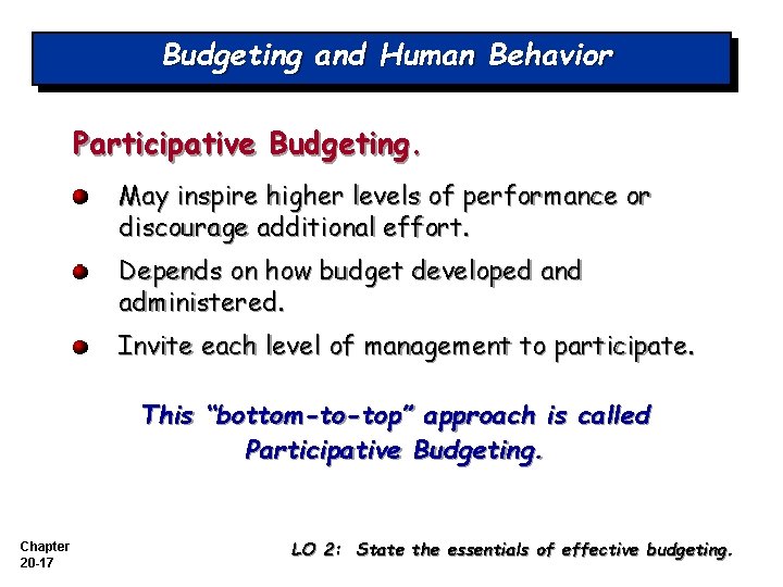 Budgeting and Human Behavior Participative Budgeting. May inspire higher levels of performance or discourage