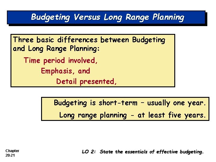 Budgeting Versus Long Range Planning Three basic differences between Budgeting and Long Range Planning: