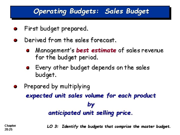 Operating Budgets: Sales Budget First budget prepared. Derived from the sales forecast. Management’s best