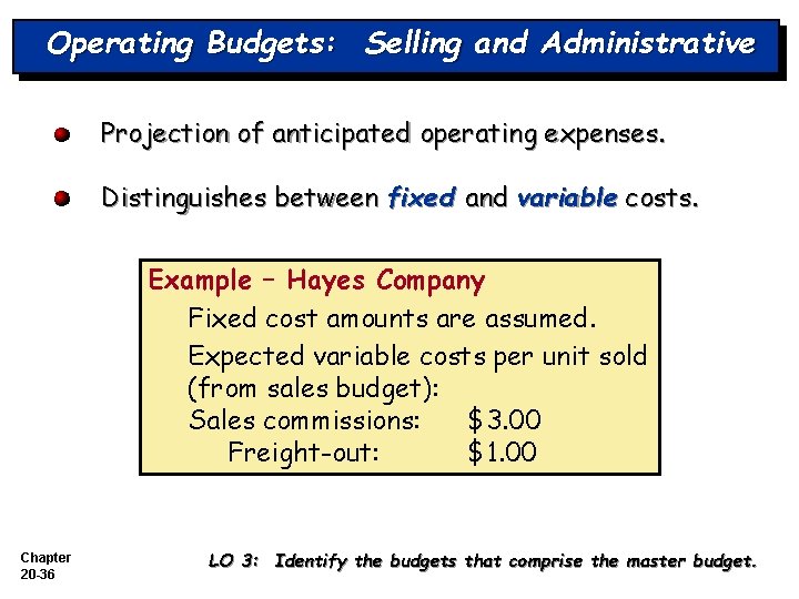 Operating Budgets: Selling and Administrative Projection of anticipated operating expenses. Distinguishes between fixed and