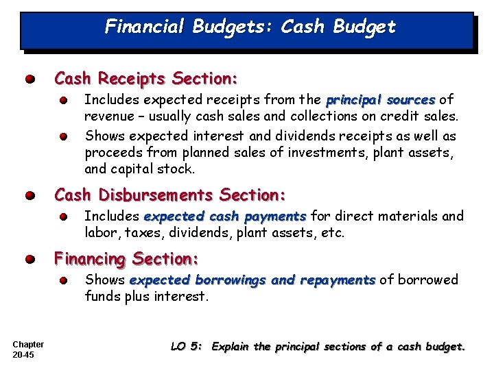 Financial Budgets: Cash Budget Cash Receipts Section: Includes expected receipts from the principal sources