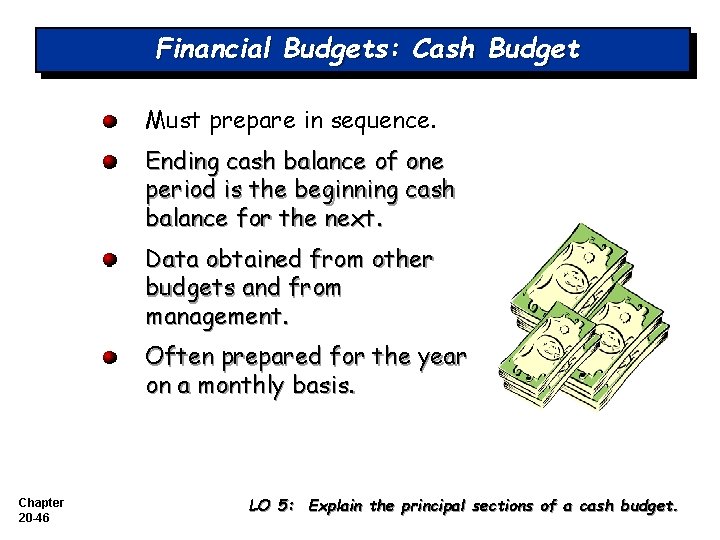 Financial Budgets: Cash Budget Must prepare in sequence. Ending cash balance of one period