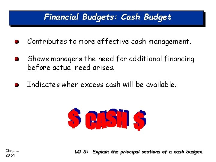 Financial Budgets: Cash Budget Contributes to more effective cash management. Shows managers the need