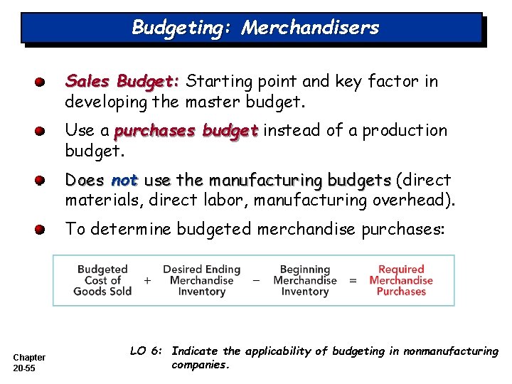 Budgeting: Merchandisers Sales Budget: Starting point and key factor in developing the master budget.