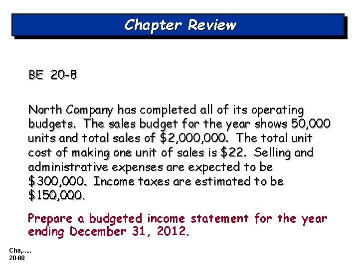 Chapter Review BE 20 -8 North Company has completed all of its operating budgets.