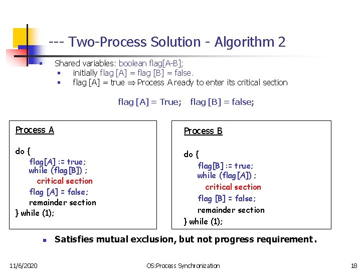 --- Two-Process Solution - Algorithm 2 § Shared variables: boolean flag[A-B]; § initially flag