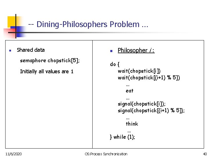 -- Dining-Philosophers Problem … n Shared data semaphore chopstick[5]; Initially all values are 1