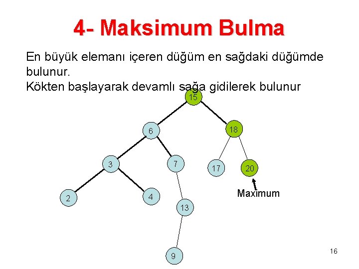 4 - Maksimum Bulma En büyük elemanı içeren düğüm en sağdaki düğümde bulunur. Kökten