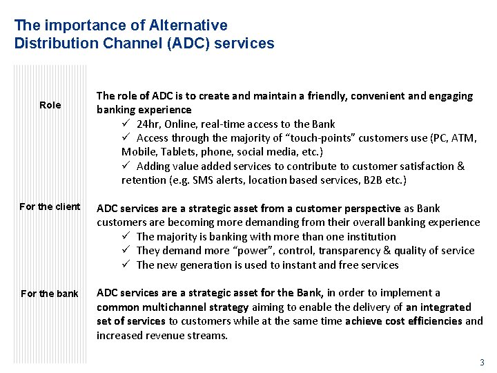 The importance of Alternative Distribution Channel (ADC) services Role The role of ADC is