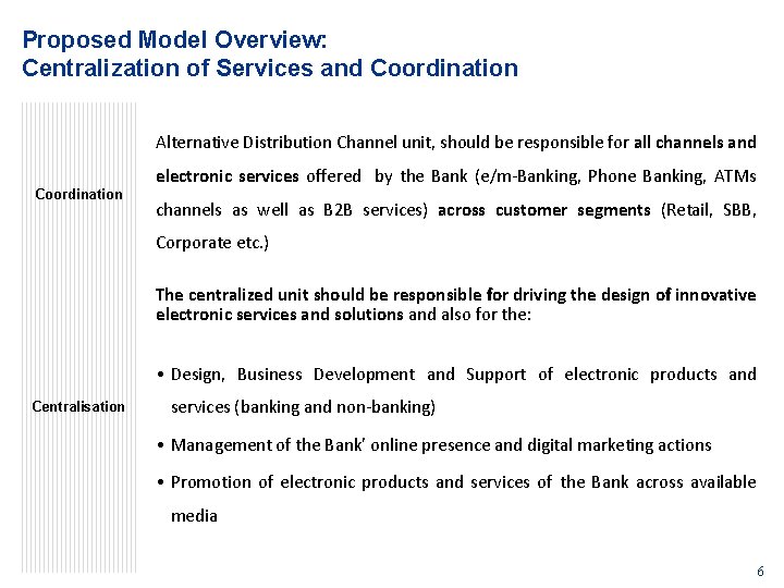 Proposed Model Overview: Centralization of Services and Coordination Alternative Distribution Channel unit, should be
