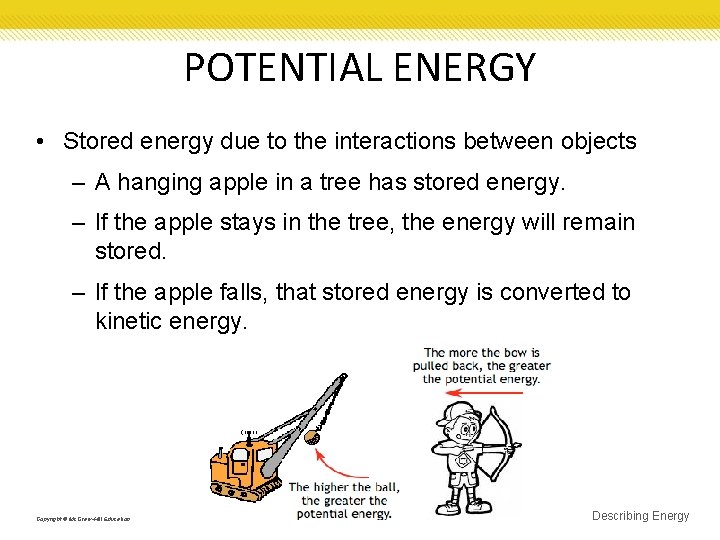 POTENTIAL ENERGY • Stored energy due to the interactions between objects – A hanging