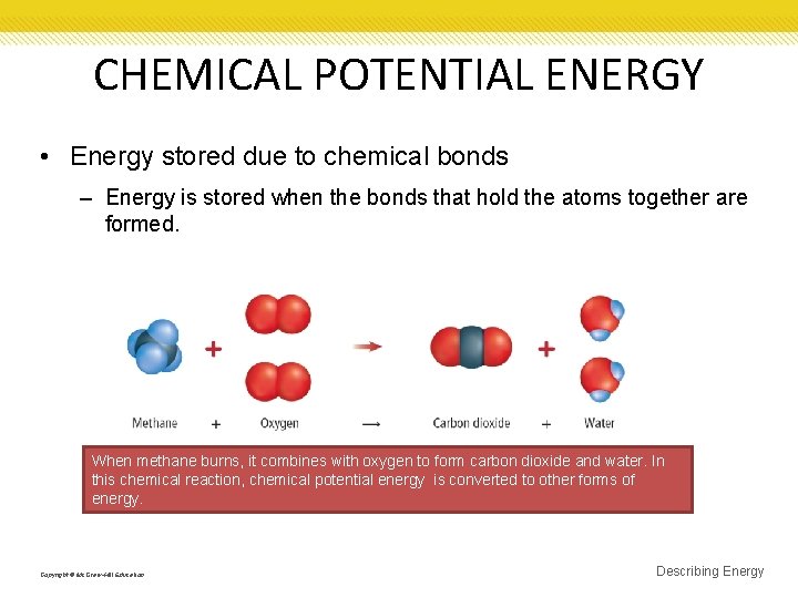 CHEMICAL POTENTIAL ENERGY • Energy stored due to chemical bonds – Energy is stored