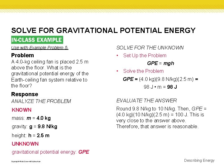 SOLVE FOR GRAVITATIONAL POTENTIAL ENERGY Use with Example Problem 5. SOLVE FOR THE UNKNOWN