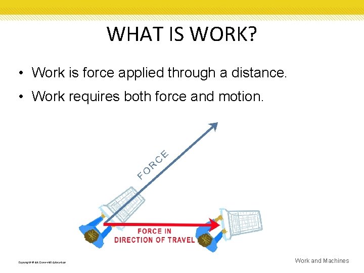 WHAT IS WORK? • Work is force applied through a distance. • Work requires