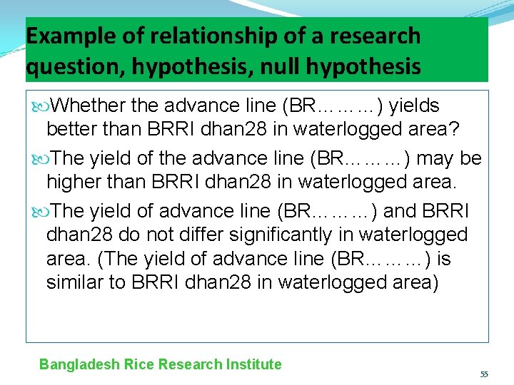 Example of relationship of a research question, hypothesis, null hypothesis Whether the advance line