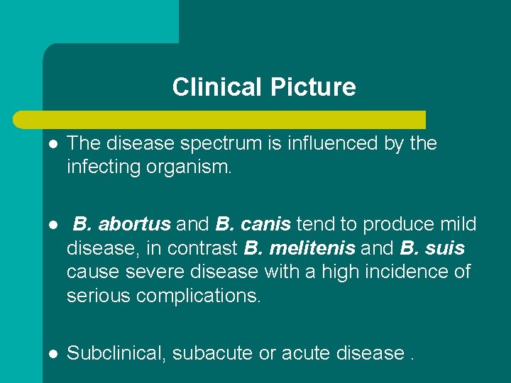 Clinical Picture l The disease spectrum is influenced by the infecting organism. l B.