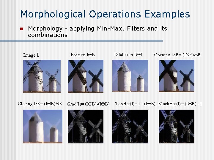 Morphological Operations Examples n Morphology - applying Min-Max. Filters and its combinations Image I Morphological Operations Examples n Morphology - applying Min-Max. Filters and its combinations Image I