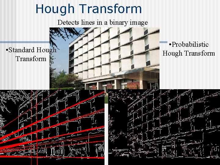 Hough Transform Detects lines in a binary image • Standard Hough Transform • Probabilistic Hough Transform Detects lines in a binary image • Standard Hough Transform • Probabilistic