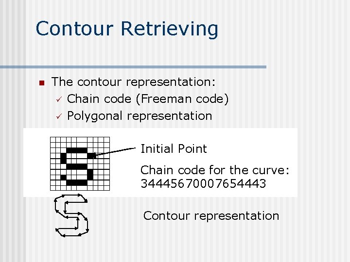 Contour Retrieving n The contour representation: ü Chain code (Freeman code) ü Polygonal representation Contour Retrieving n The contour representation: ü Chain code (Freeman code) ü Polygonal representation