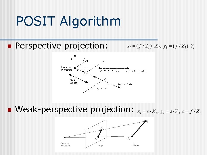 POSIT Algorithm n Perspective projection: n Weak-perspective projection: POSIT Algorithm n Perspective projection: n Weak-perspective projection: