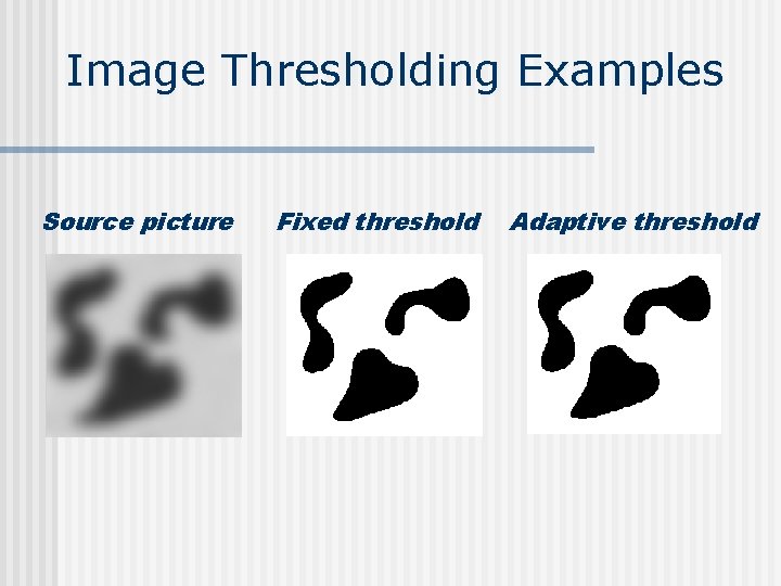 Image Thresholding Examples Source picture Fixed threshold Adaptive threshold Image Thresholding Examples Source picture Fixed threshold Adaptive threshold