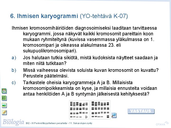 6. Ihmisen karyogrammi (YO-tehtävä K-07) Ihmisen kromosomihäiriöiden diagnosoimiseksi laaditaan tarvittaessa karyogrammi, jossa näkyvät kaikki