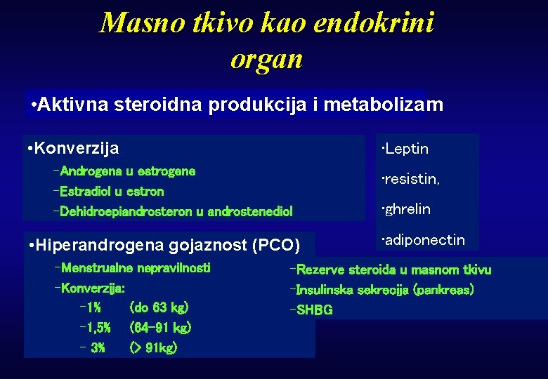 Masno tkivo kao endokrini organ • Aktivna steroidna produkcija i metabolizam • Konverzija •