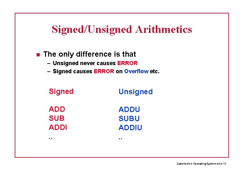 Signed/Unsigned Arithmetics The only difference is that – Unsigned never causes ERROR – Signed