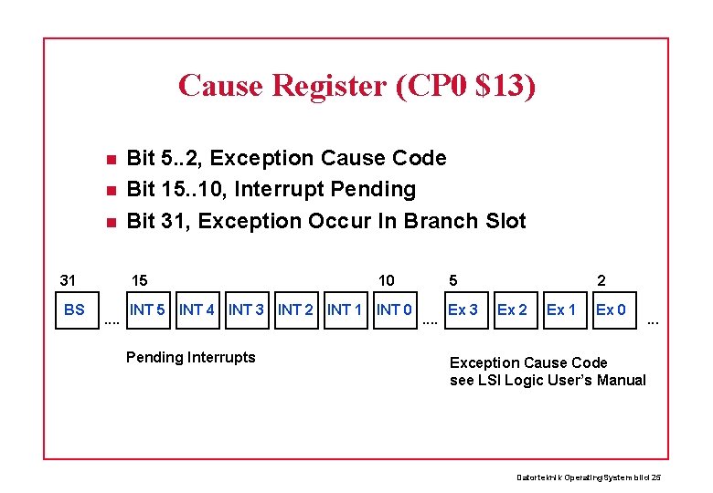 Cause Register (CP 0 $13) 31 BS Bit 5. . 2, Exception Cause Code