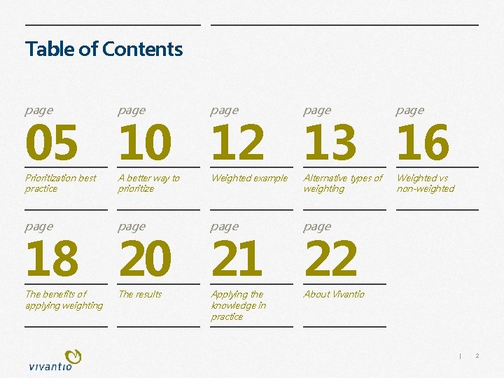 Table of Contents page page Prioritization best practice A better way to prioritize Weighted