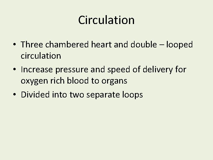 Circulation • Three chambered heart and double – looped circulation • Increase pressure and