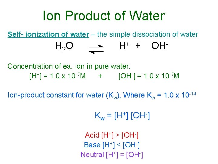 Ion Product of Water Self- ionization of water – the simple dissociation of water