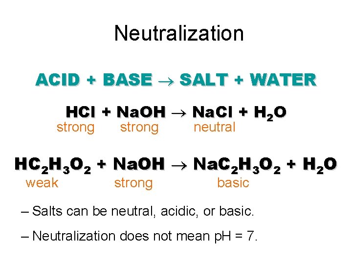 Neutralization ACID + BASE SALT + WATER HCl + Na. OH Na. Cl +