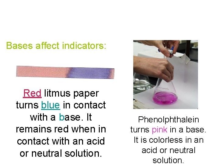 Bases affect indicators: Red litmus paper turns blue in contact with a base. It