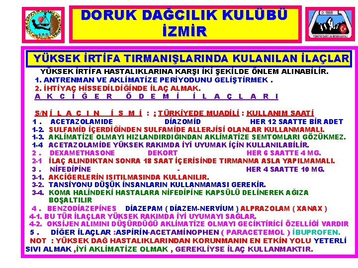 DORUK DAĞCILIK KULÜBÜ İZMİR YÜKSEK İRTİFA TIRMANIŞLARINDA KULANILAN İLAÇLAR YÜKSEK İRTİFA HASTALIKLARINA KARŞI İKİ