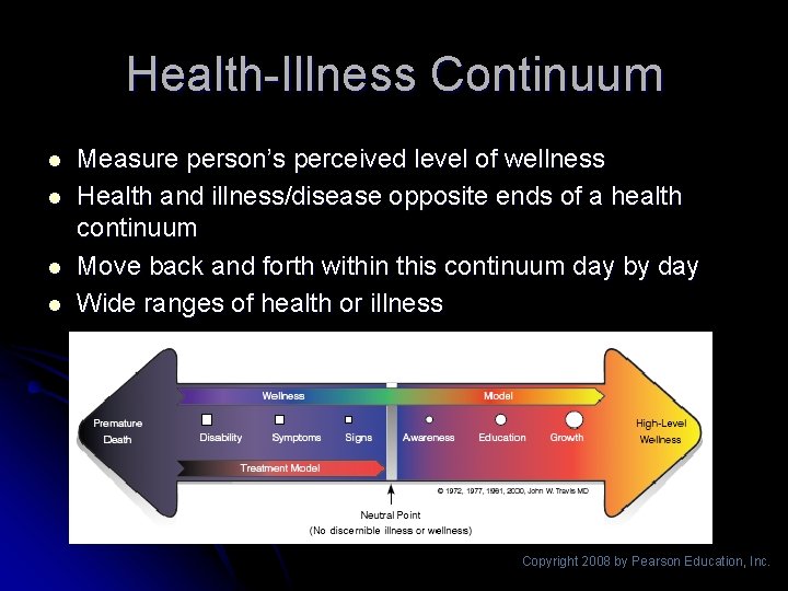 Health-Illness Continuum l l Measure person’s perceived level of wellness Health and illness/disease opposite