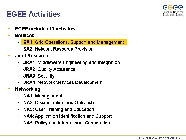 EGEE Activities • EGEE includes 11 activities • Services • • • SA 1: