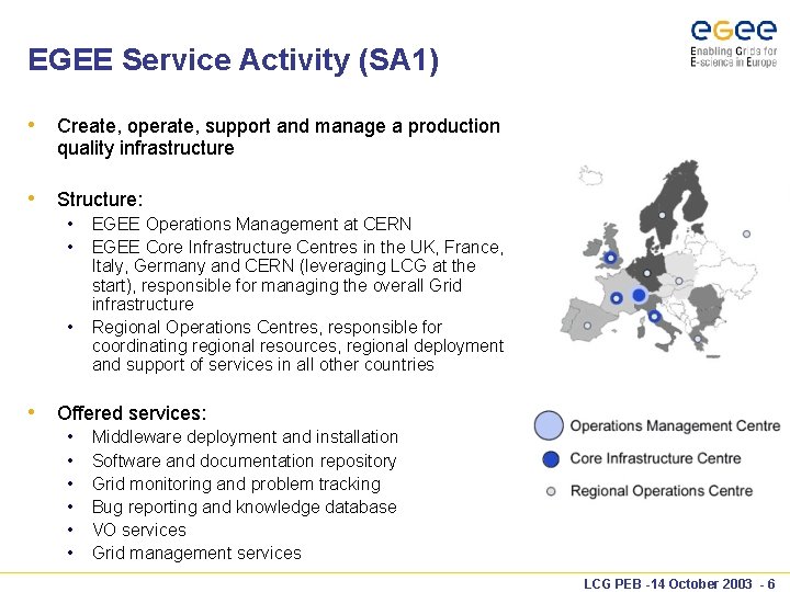 EGEE Service Activity (SA 1) • Create, operate, support and manage a production quality