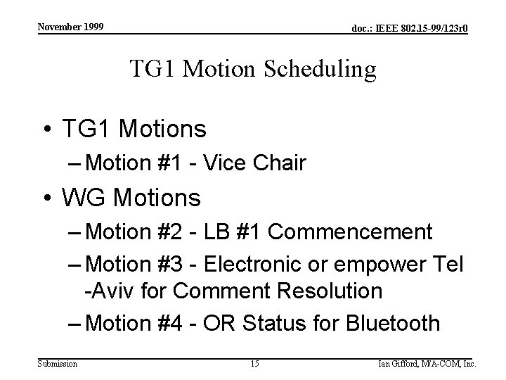 November 1999 doc. : IEEE 802. 15 -99/123 r 0 TG 1 Motion Scheduling